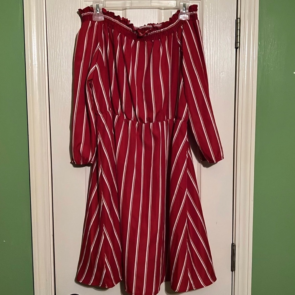 SHEIN Red & White Striped Blouson Off the Shoulder Dress Size 1X